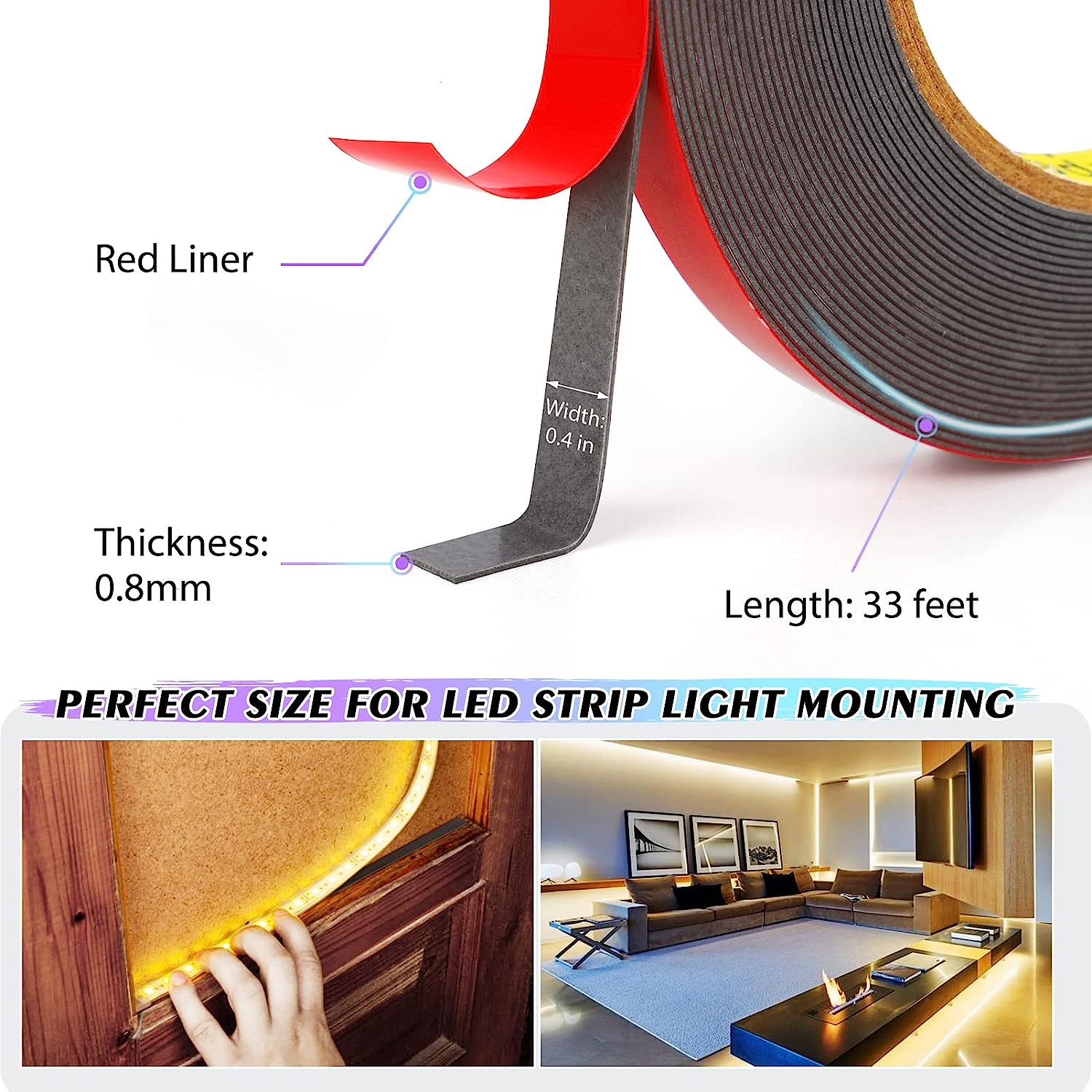 Double Sided Tape, Heavy Duty Mounting Tape, 33FT x 0.4IN Adhesive Foam Tape 3M Quality for Home Office Car Automotive Decor - Image 3